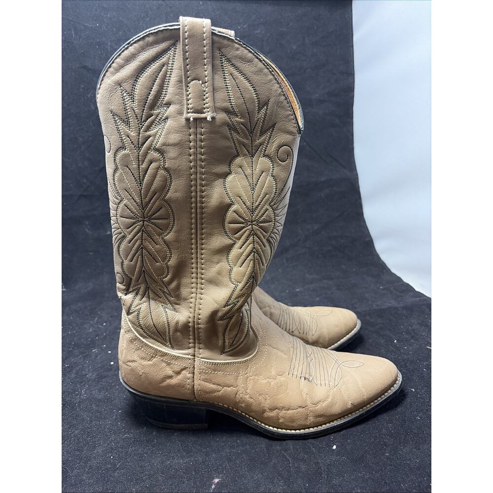 Vintage Boots Mens 9 D Western Cowboy Tan Faux Leather Pull On Mid-Calf Block - Picture 3 of 8